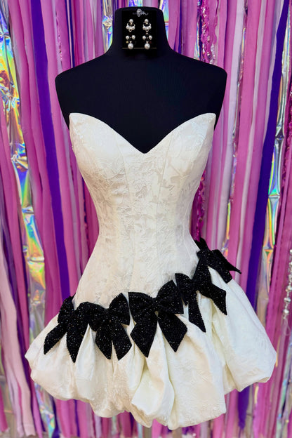 Strapless Jacquard Mini Dress with Bow Details