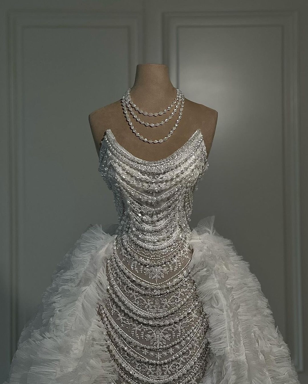 Beaded Pearl Sheath Gown with Ruffled Tulle Train