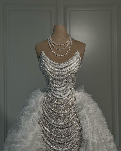 Beaded Pearl Sheath Gown with Ruffled Tulle Train