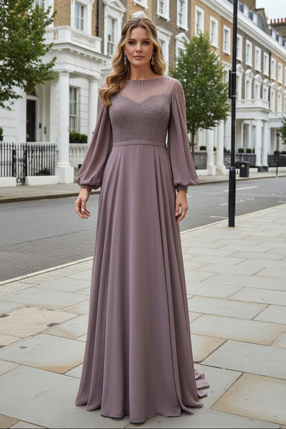 Illusion Beaded Long Sleeve A-Line Evening Gown