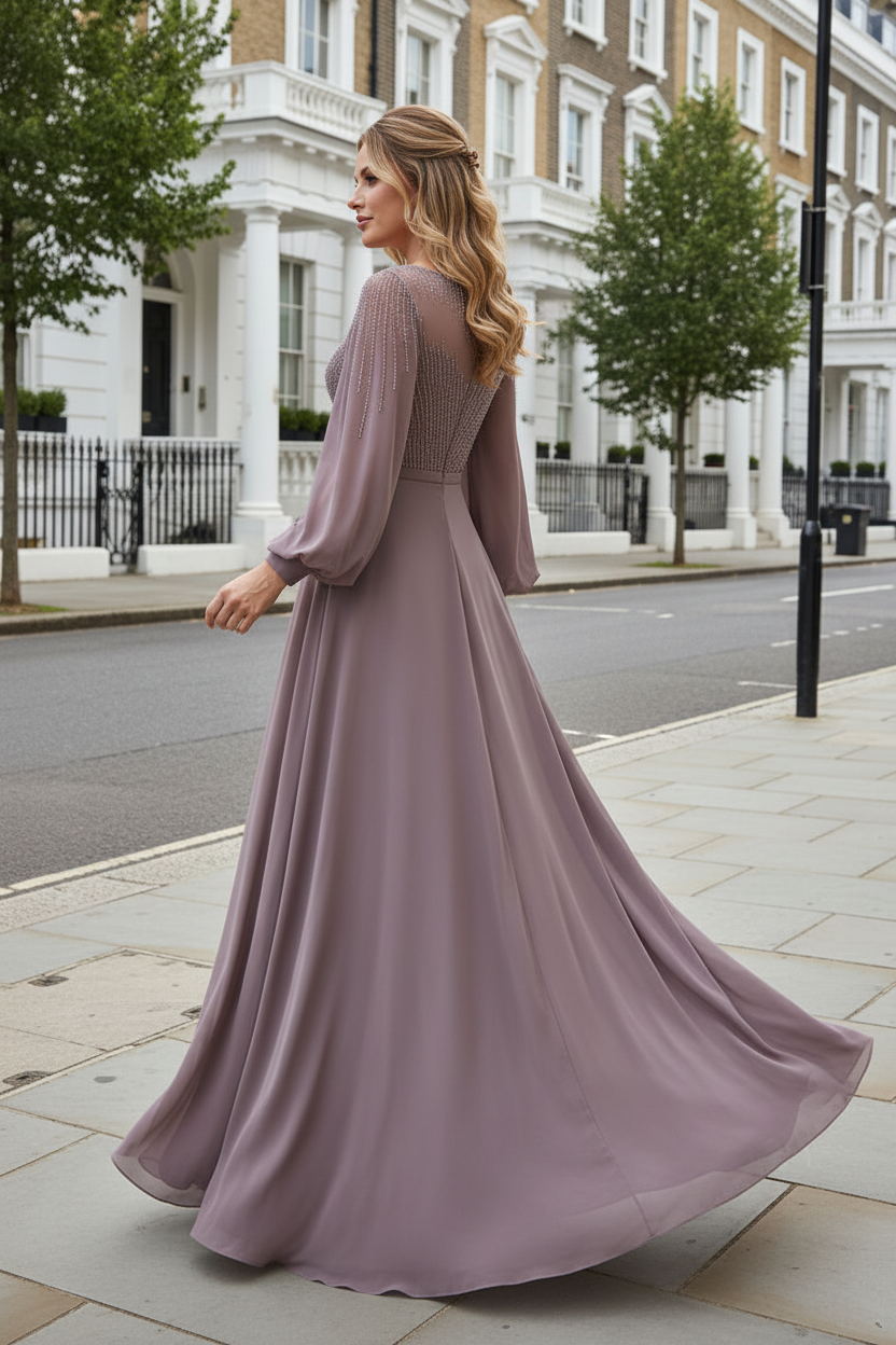 Illusion Beaded Long Sleeve A-Line Evening Gown
