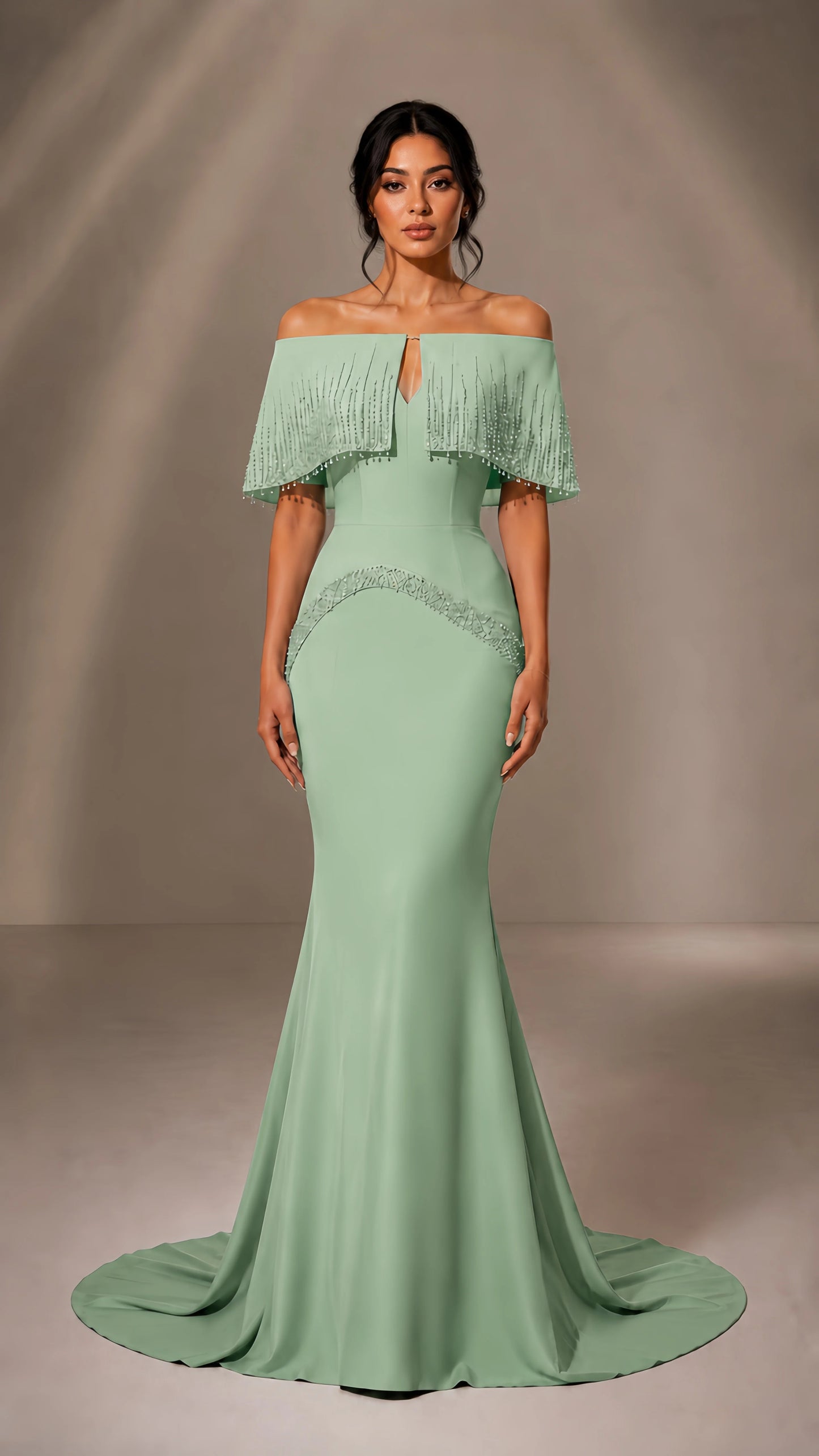 Off-Shoulder Fringe Cape Mermaid Evening Gown