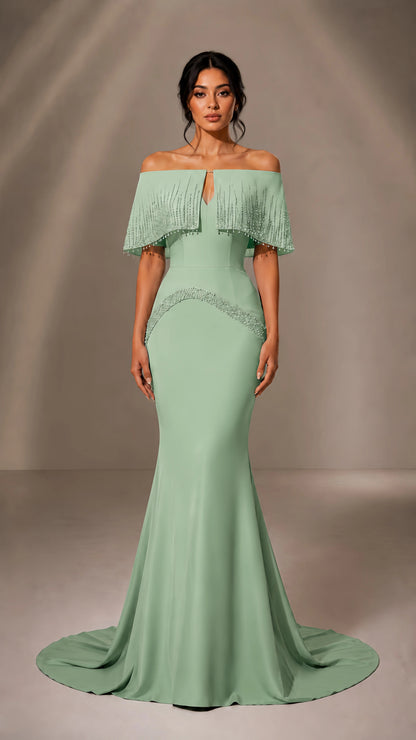 Off-Shoulder Fringe Cape Mermaid Evening Gown