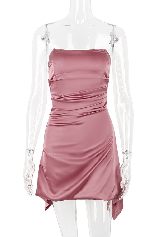 Strapless Ruched Satin Mini Dress