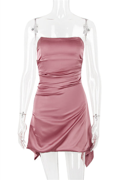 Strapless Ruched Satin Mini Dress