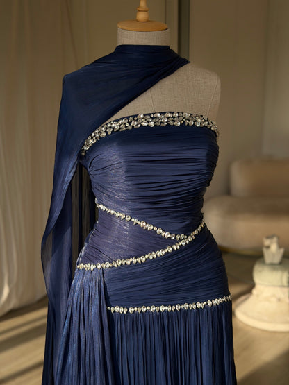 Ruched Column Gown with Draped Cape and Crystal Trim