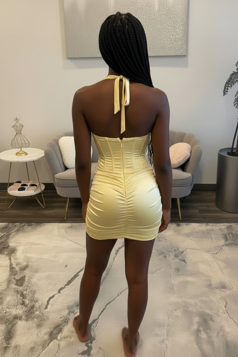 Halter Corset Satin Mini Dress with Ruched Skirt