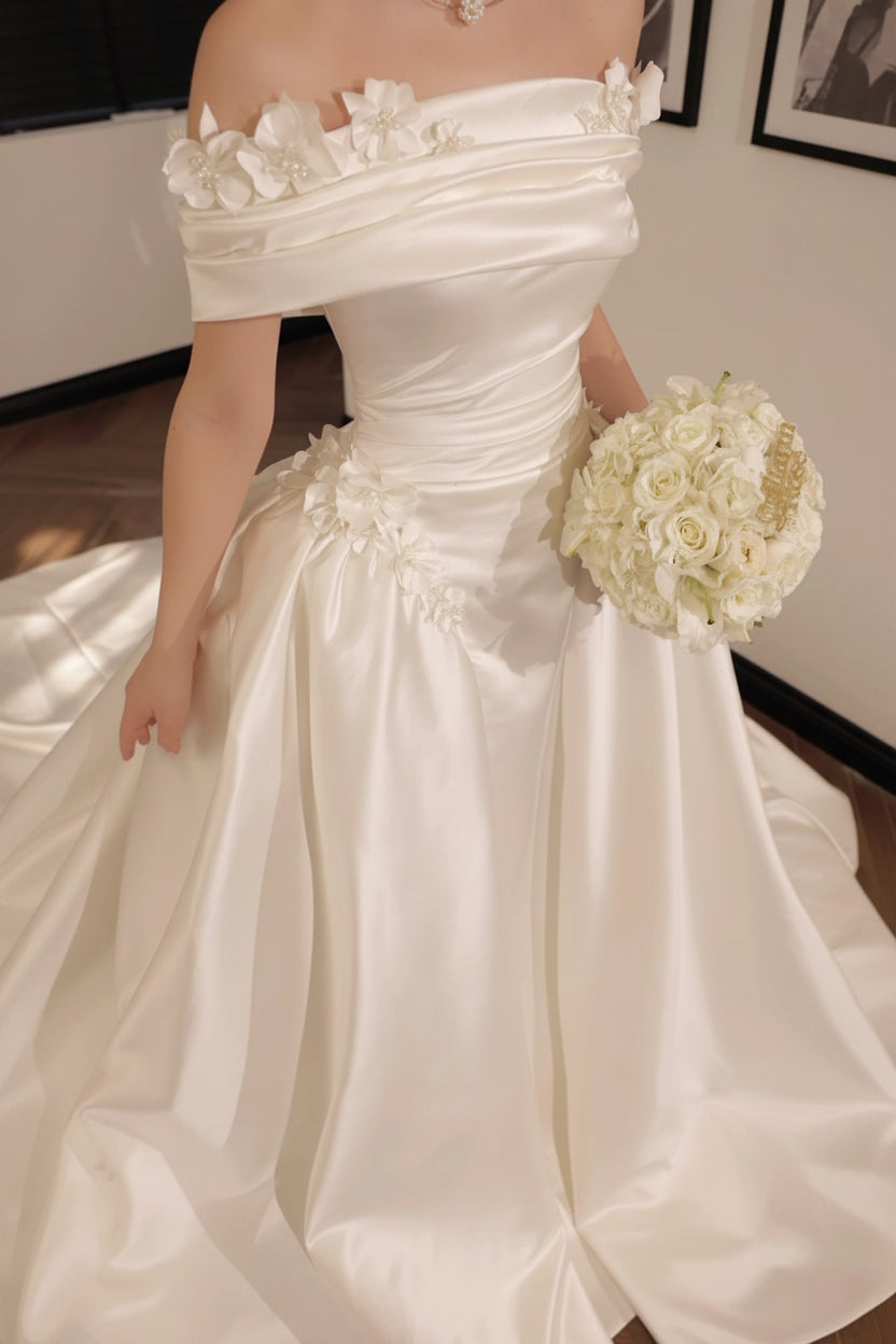 Floral Off-the-Shoulder Ruched Satin Wedding Dress