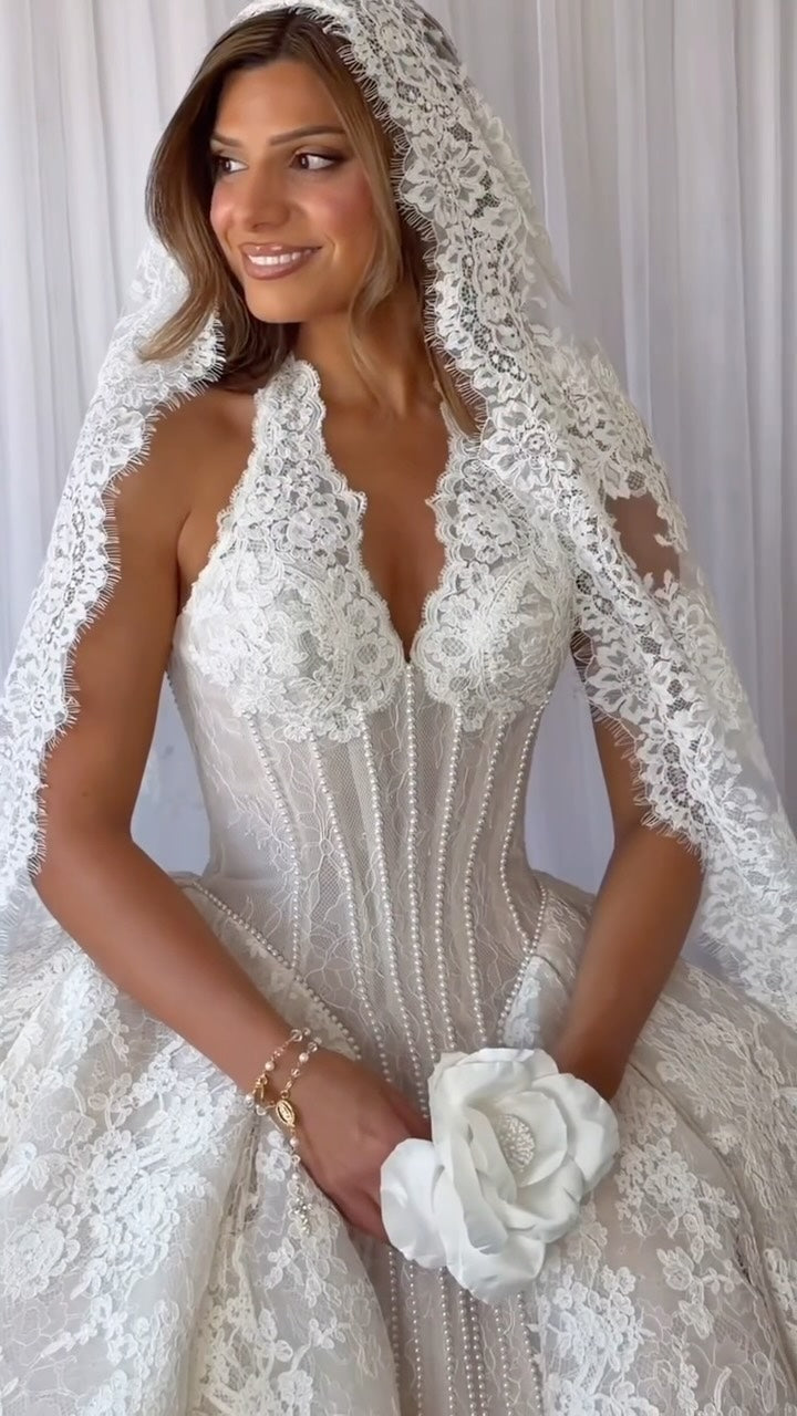 Lace Halter Ball Gown Wedding Dress with Corset
