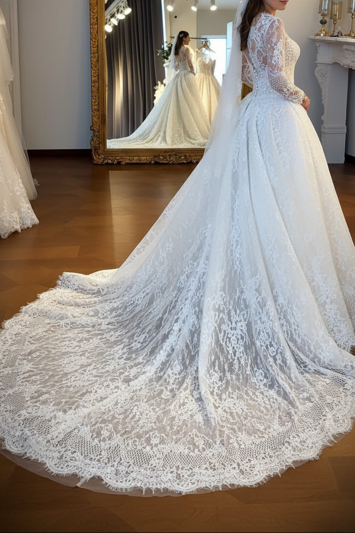 Long Sleeve Lace Wedding Dress with Overskirt