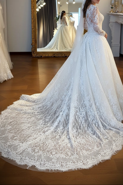 Long Sleeve Lace Wedding Dress with Overskirt