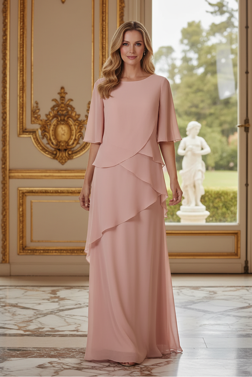 Tiered Asymmetrical Floor-Length Flutter Sleeve Gown