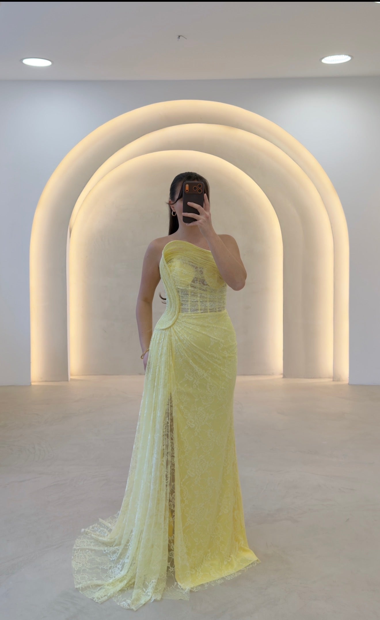 Strapless Lace Evening Gown with High Slit