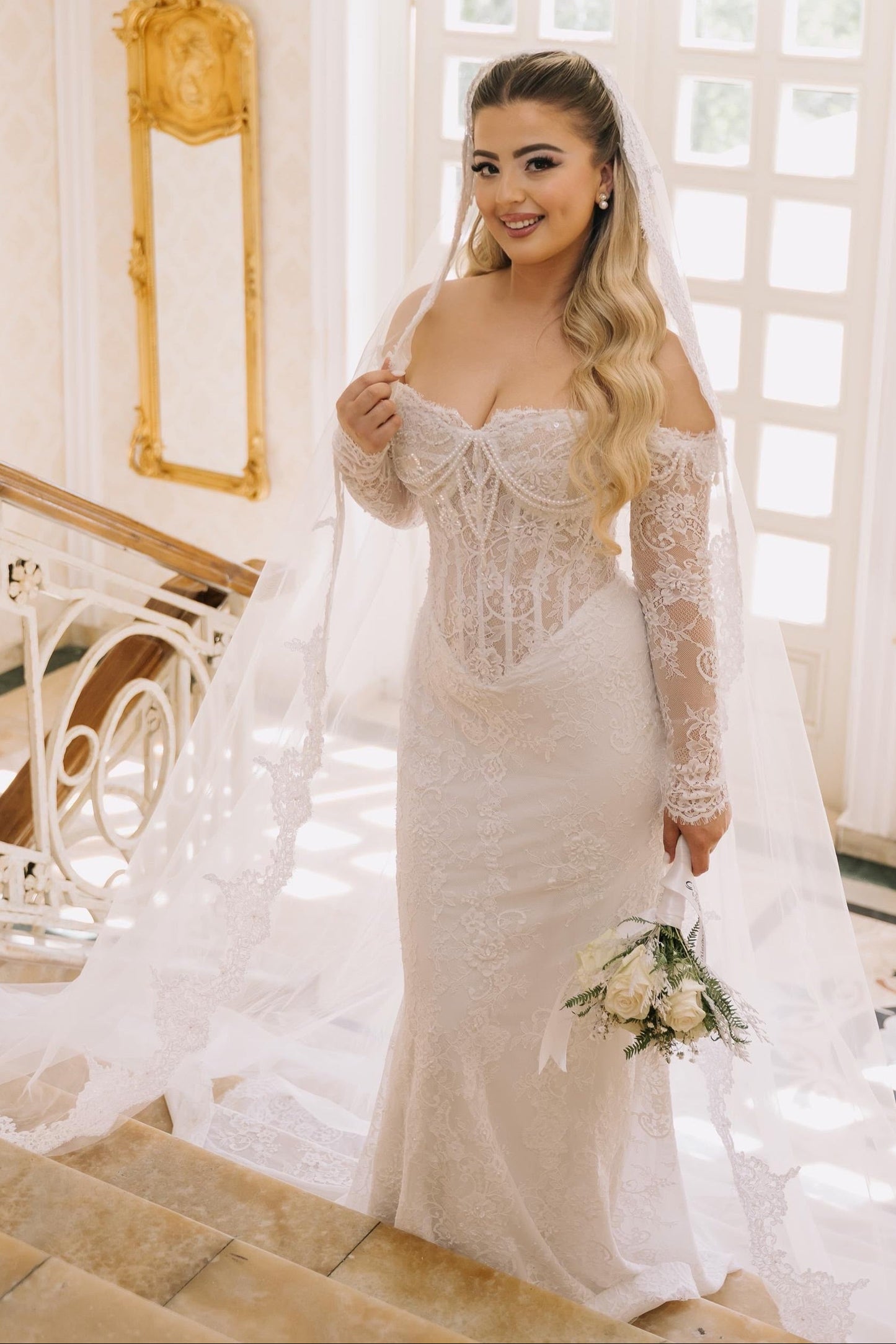 Off-the-Shoulder Lace Wedding Gown with Corset Bodice