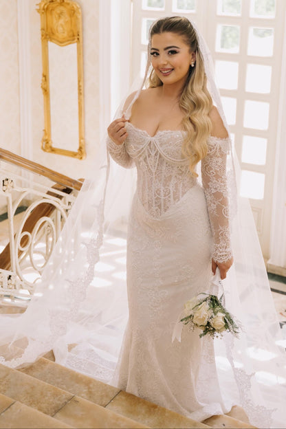 Off-the-Shoulder Lace Wedding Gown with Corset Bodice