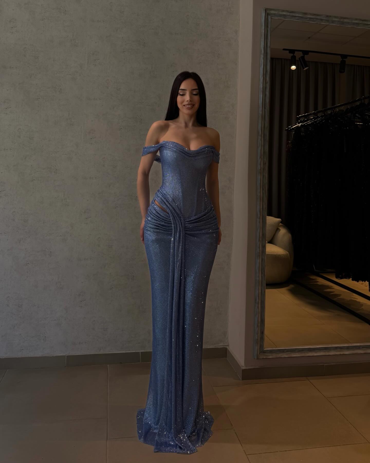 Off-the-Shoulder Glitter Corset Evening Gown