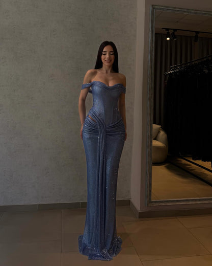 Off-the-Shoulder Glitter Corset Evening Gown