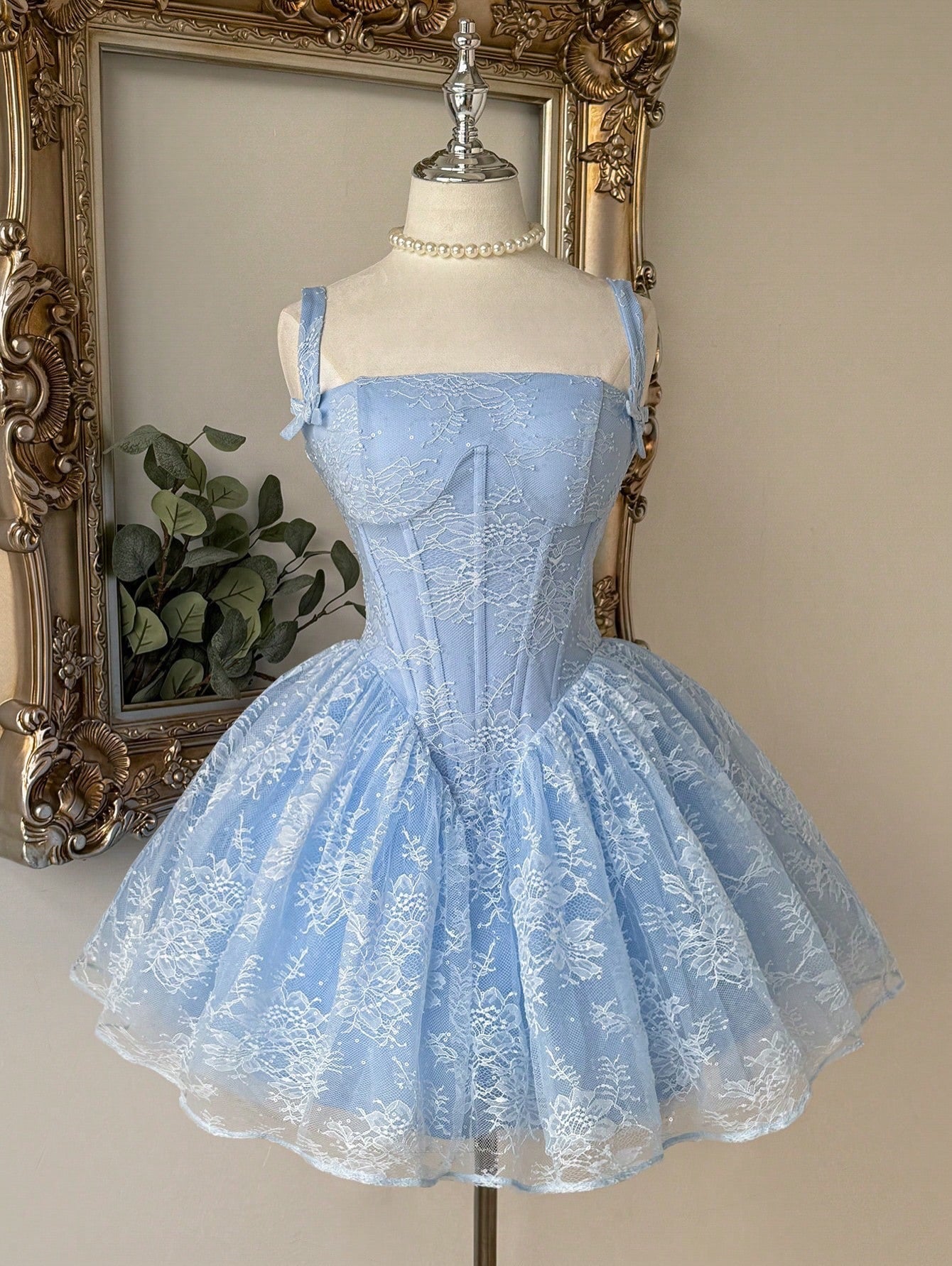 Lace Corset Mini Dress with Bow Straps