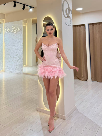 Strapless Pearl Corset Mini Dress with Feathers