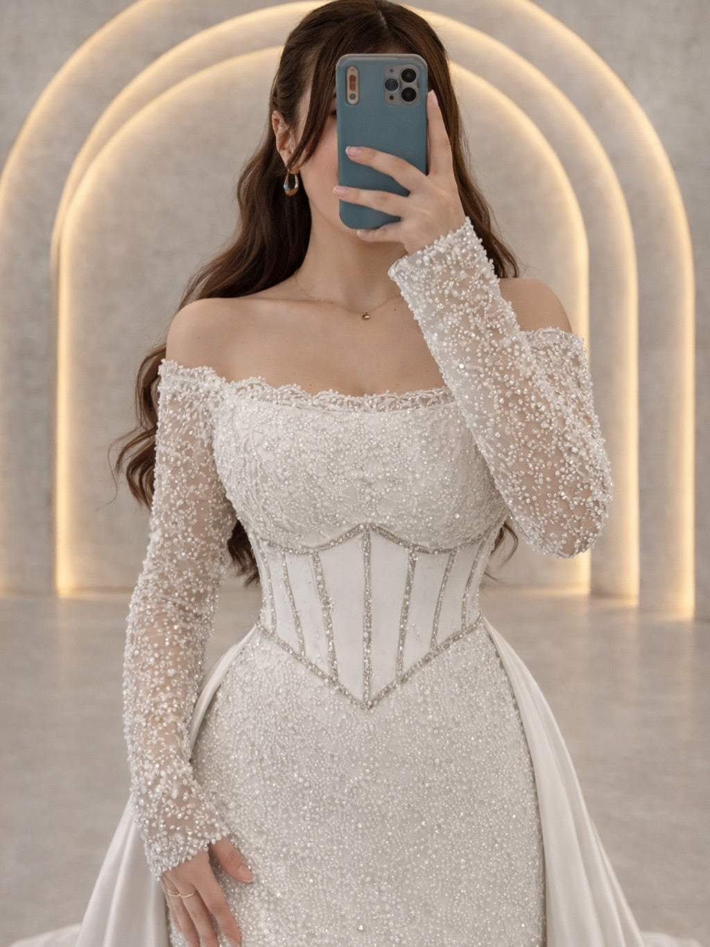 Beaded Off-Shoulder Corset Evening Gown
