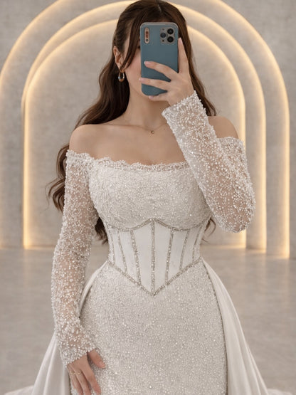 Beaded Off-Shoulder Corset Evening Gown