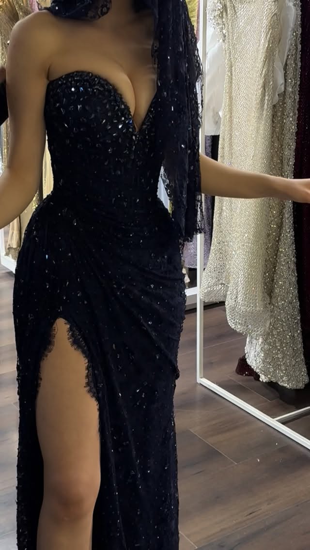 Beaded Lace Corset Gown with High Slit
