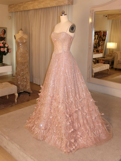 Beaded Feather Ball Gown Evening Dress