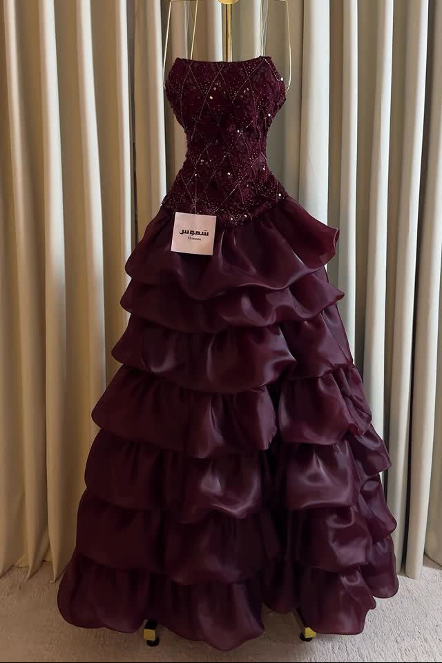 Strapless Tiered Ruffle Ball Gown with Beaded Bodice