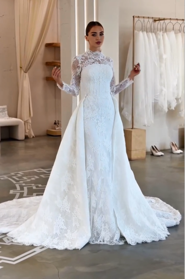 High Neck Lace Mermaid Bridal Gown with Overskirt