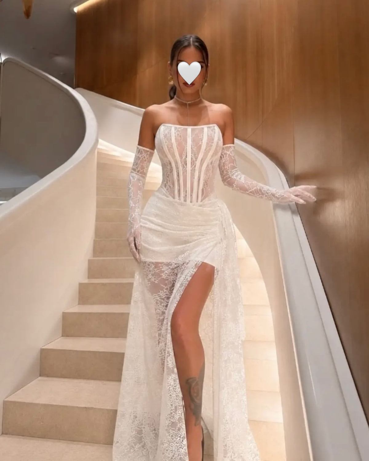 Lace Strapless Corset Gown with High Slit