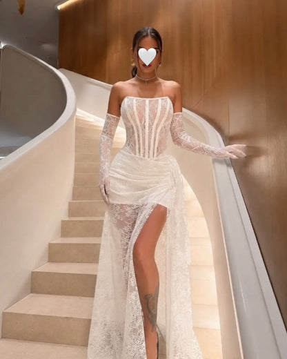 Lace Strapless Corset Gown with High Slit