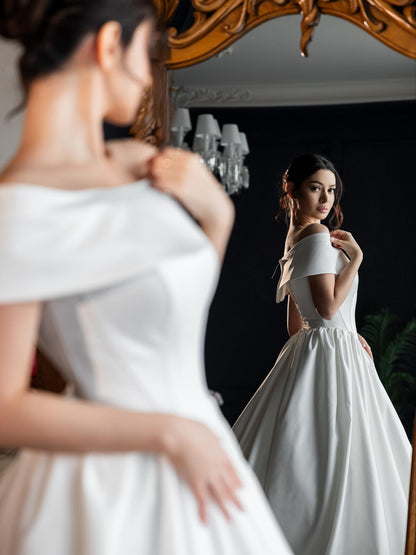 Off-the-Shoulder Satin Ball Gown Wedding Dress