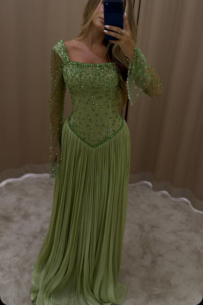 Beaded Basqued Bodice Pleated Evening Gown