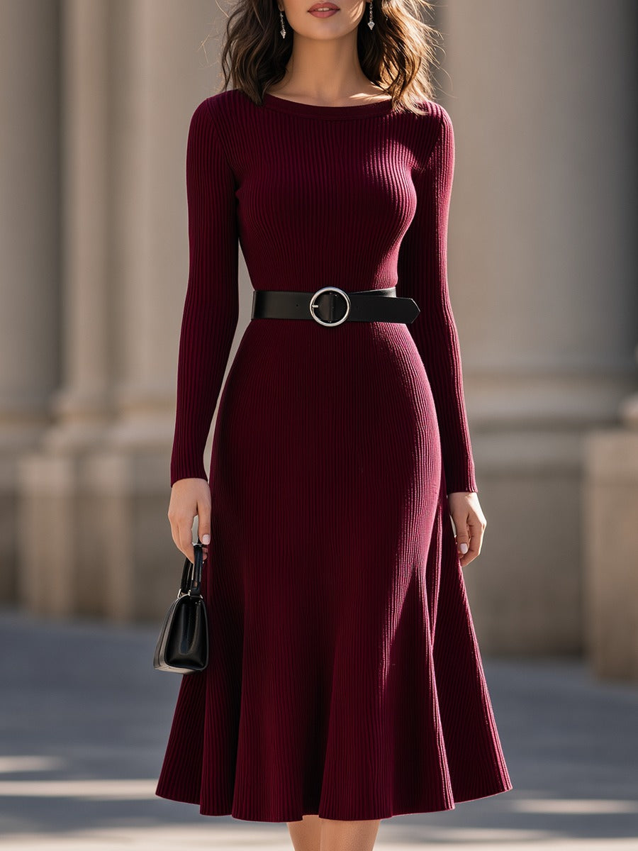 Ribbed Knit Long Sleeve Midi Dress