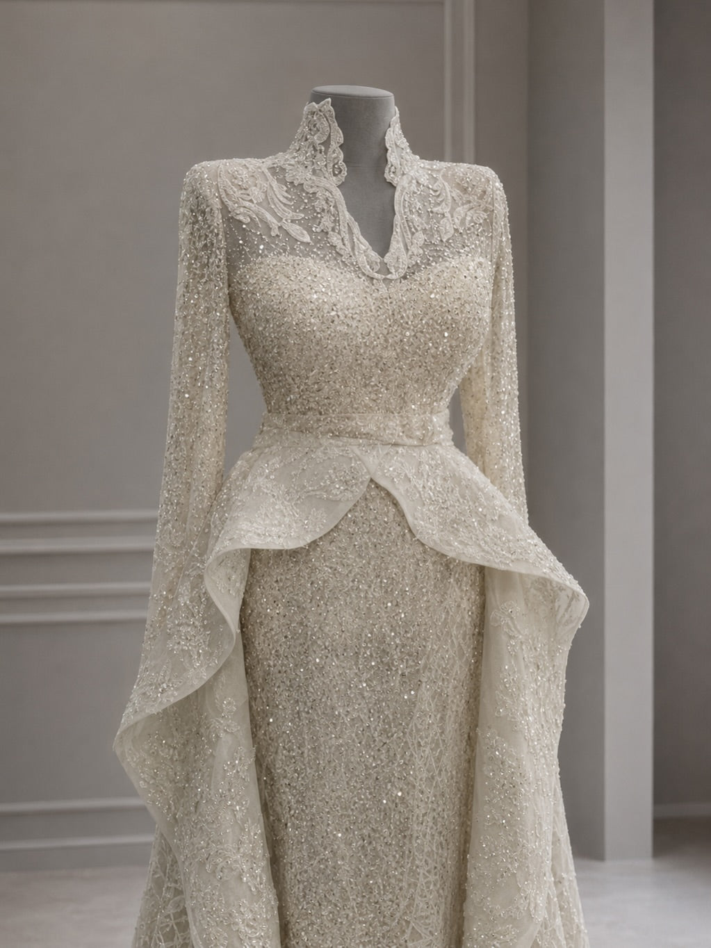 Beaded High-Neck Mermaid Gown with Cascading Train