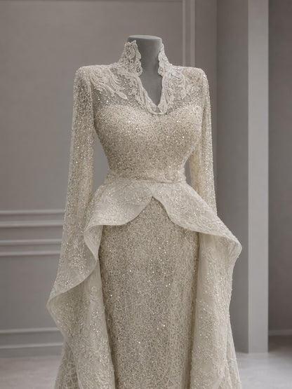 Beaded High-Neck Mermaid Gown with Cascading Train