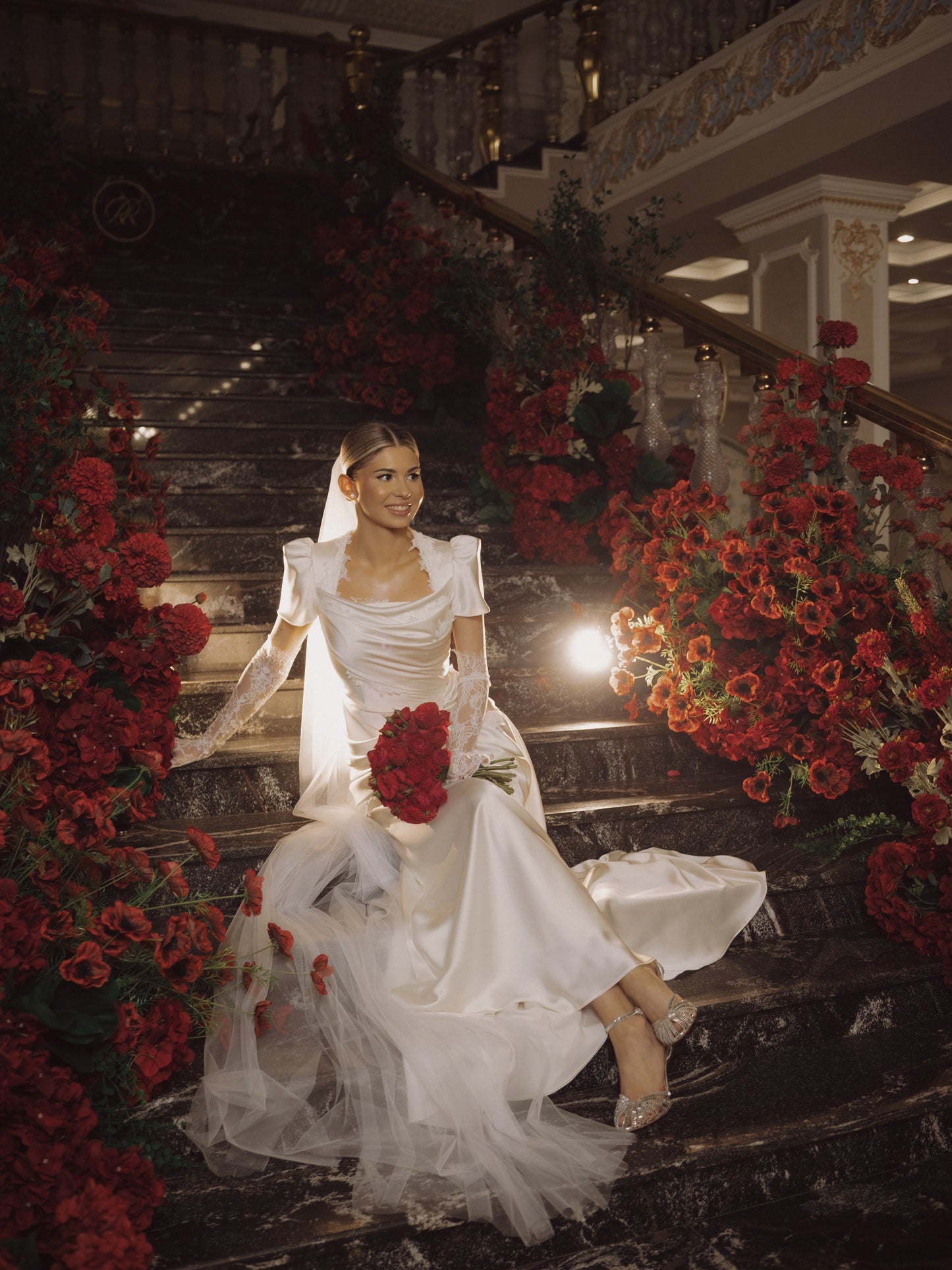 Draped Satin Wedding Dress with Lace Trims
