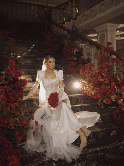 Draped Satin Wedding Dress with Lace Trims