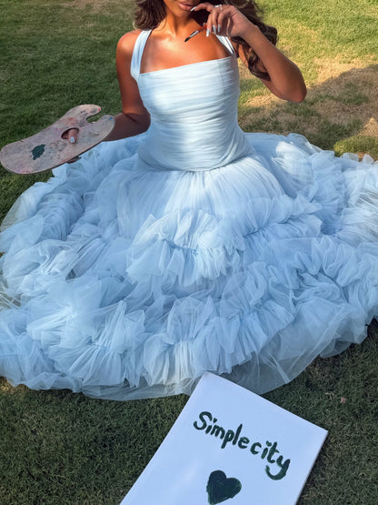 Tiered Tulle Ruffle Halter Evening Gown