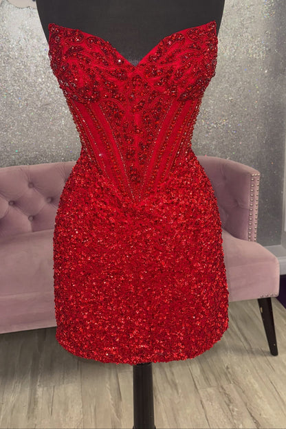 Strapless Sequin Corset Mini Dress with Beaded Bodice