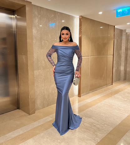 Off-the-Shoulder Ruched Satin Mermaid Gown