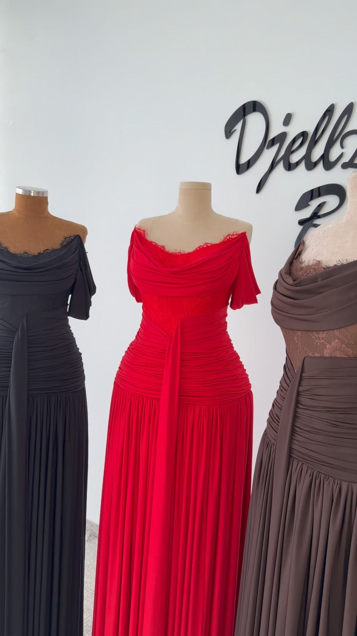 Lace Inset Off-the-Shoulder Ruched Gown