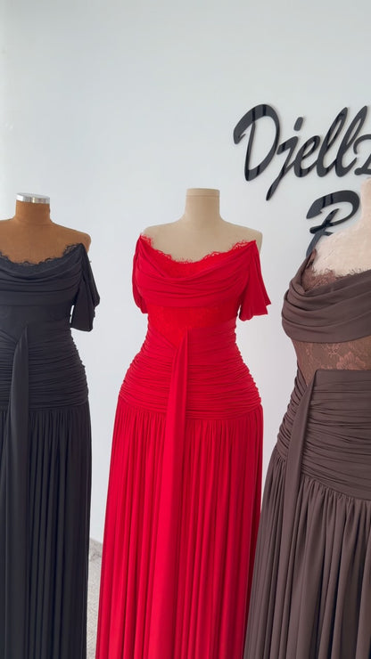 Lace Inset Off-the-Shoulder Ruched Gown