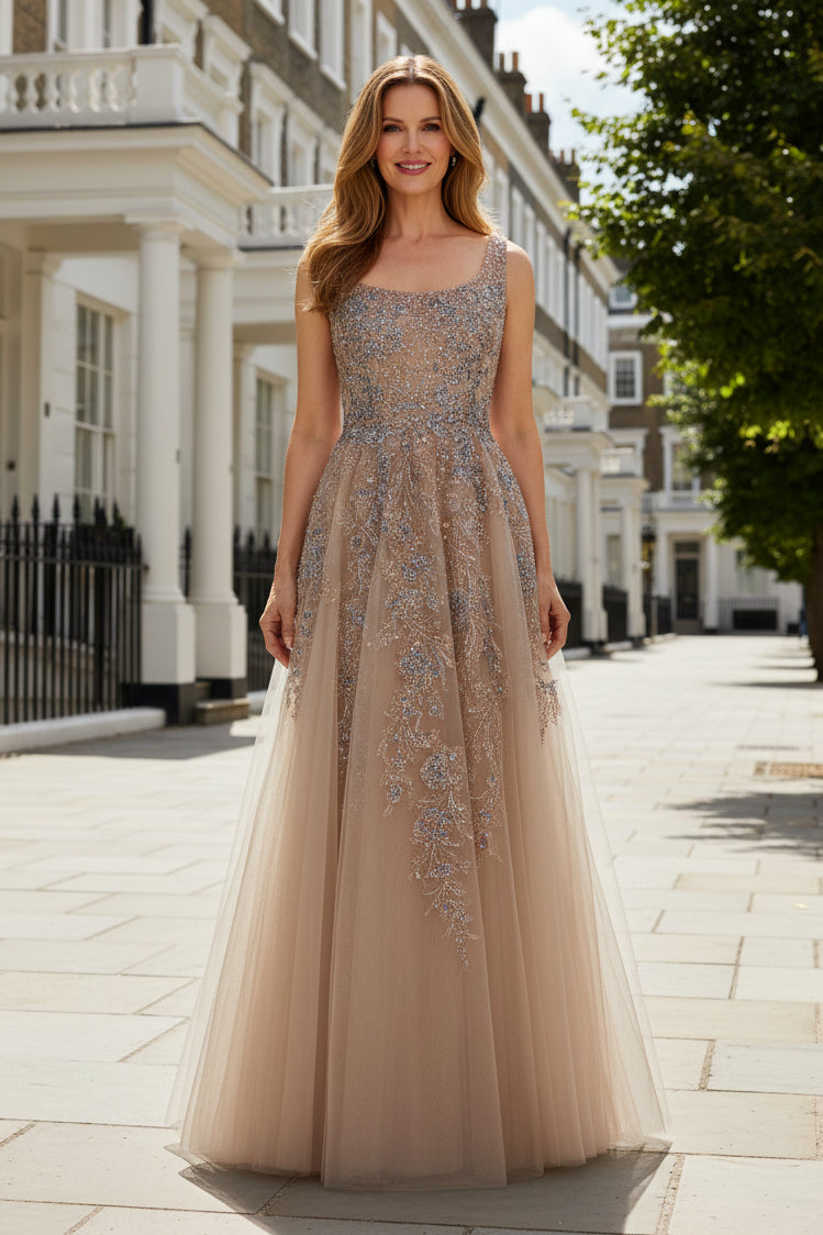 Beaded Floral Tulle A-Line Evening Gown