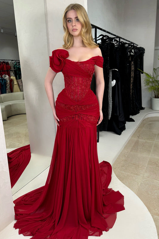Off-Shoulder Beaded Mermaid Gown with Flower Detail