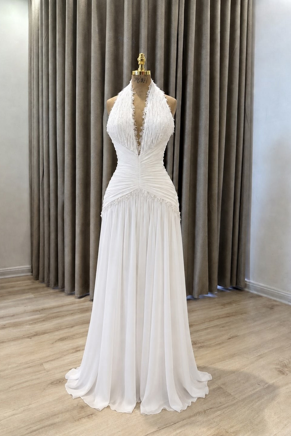 Fringe Halter Neck Ruched Chiffon Wedding Dress