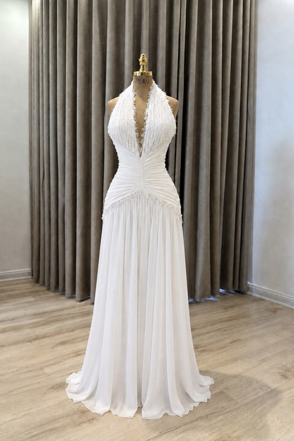 Fringe Halter Neck Ruched Chiffon Wedding Dress