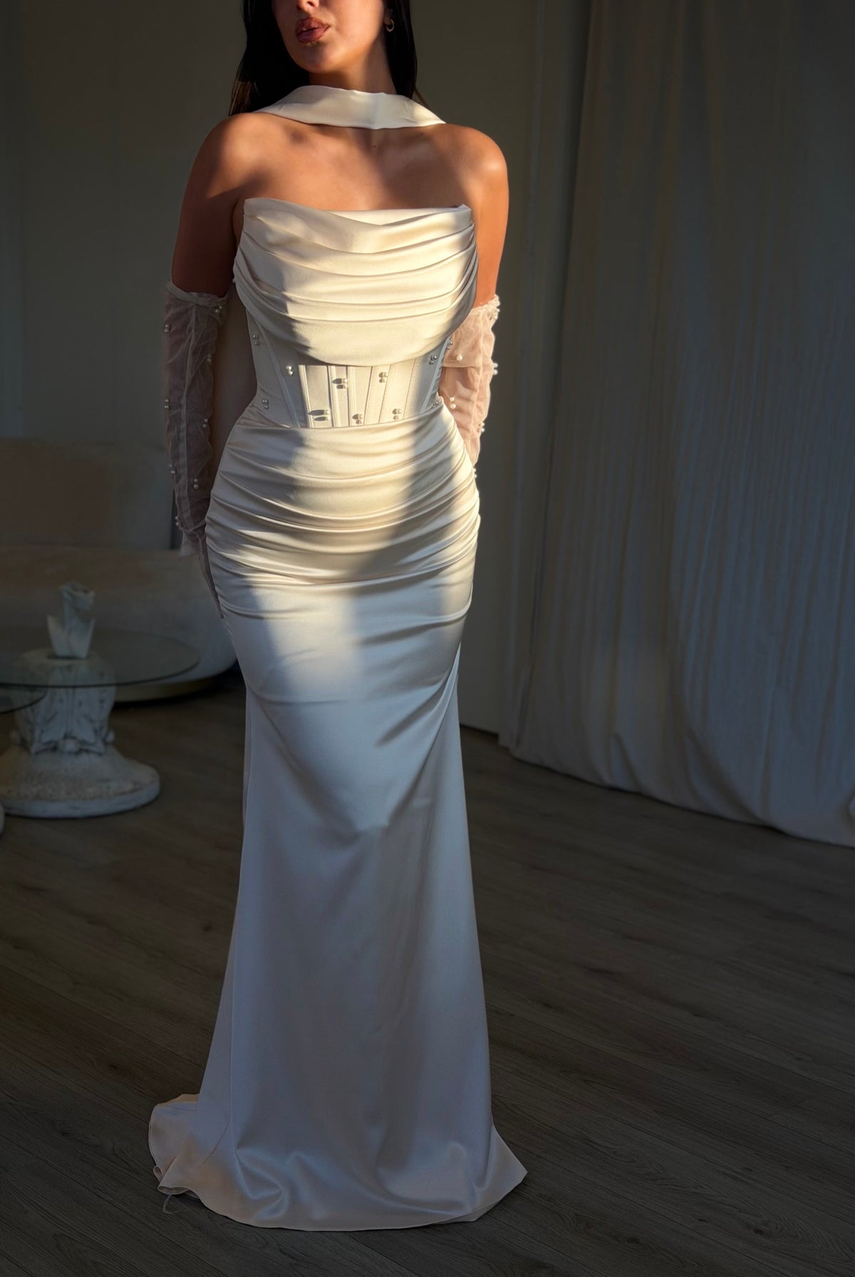 Strapless Corset Satin Gown with Embellished Gloves