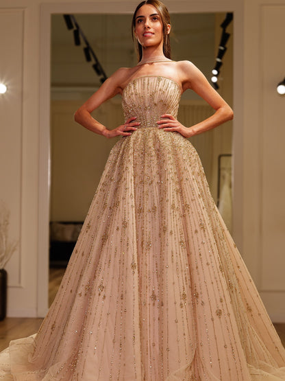 Strapless Beaded Tulle Ball Gown Wedding Dress