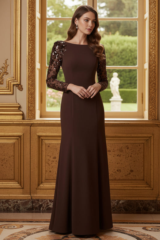 Bateau Neck Sequin Sleeve Floor-Length Evening Gown